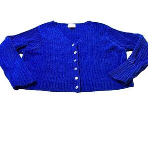 Moda Int'l Women's Blue Button Front Cropped Ribbed Cardigan Sweater Large